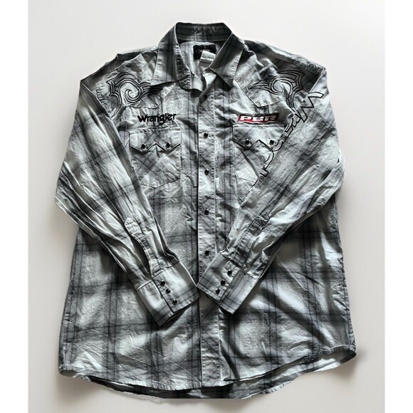 Wrangler PBR Western Shirt Men’s L Plaid Pearl Snap Long Sleeve Embroidered - Picture 1 of 6